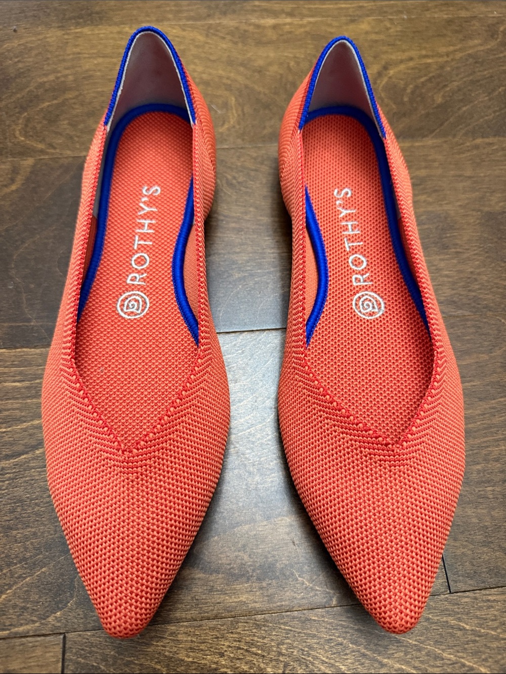Rothy's Orange Knit Pointed Flats with Blue Trim